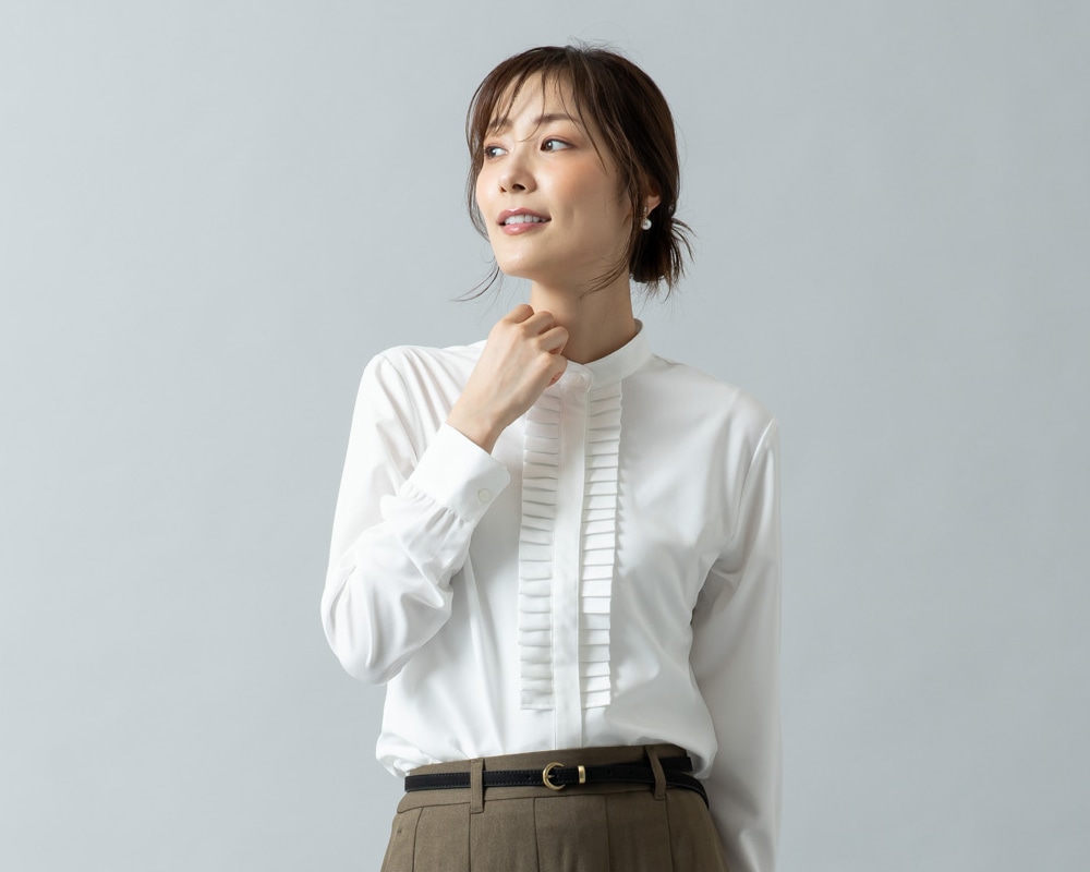 スタンドたたみフリル 長袖 レディースフリルシャツ