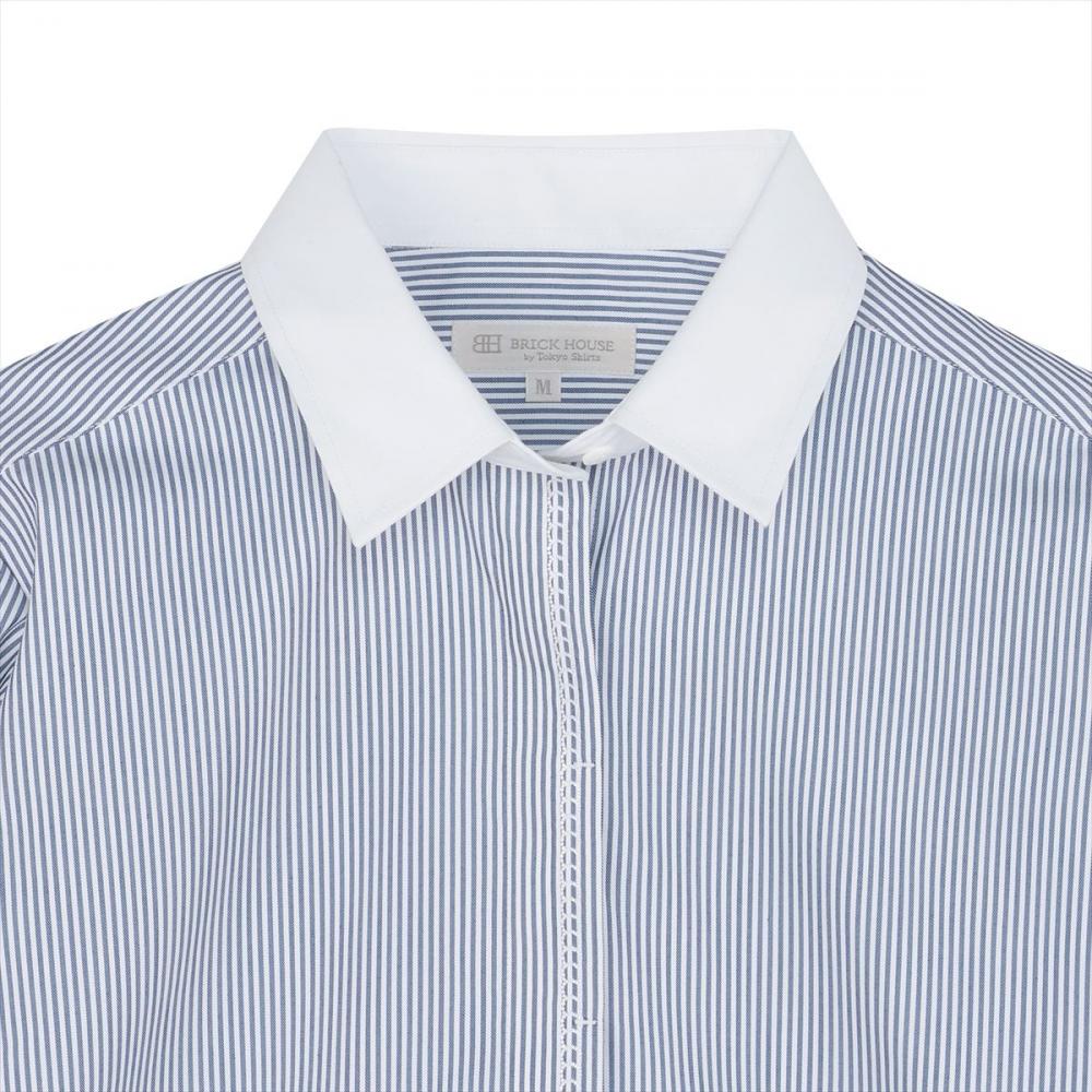 【透け防止】 前立比翼刺繍 カジュアルシャツ クレリック レギュラー 長袖 レディース