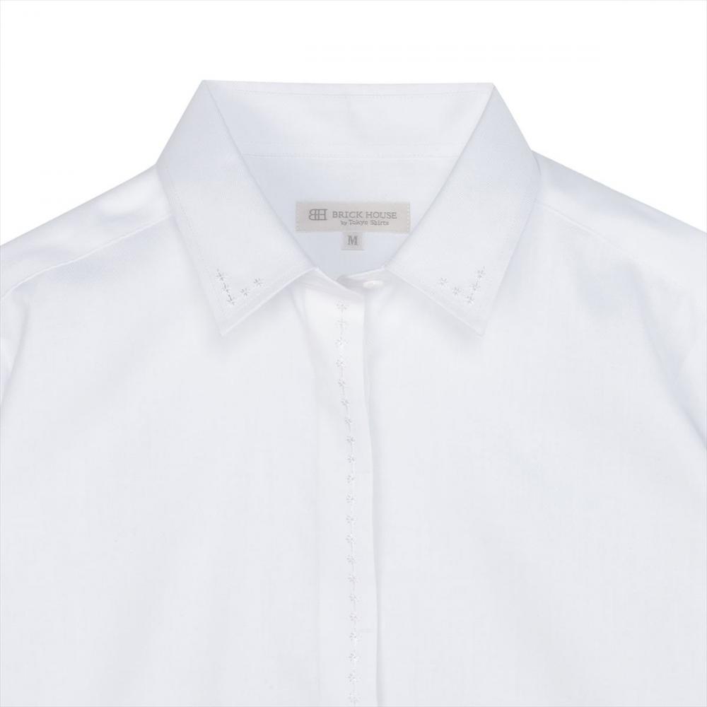 【透け防止】 衿・前立比翼刺繍 カジュアルシャツ レギュラー 長袖 レディース