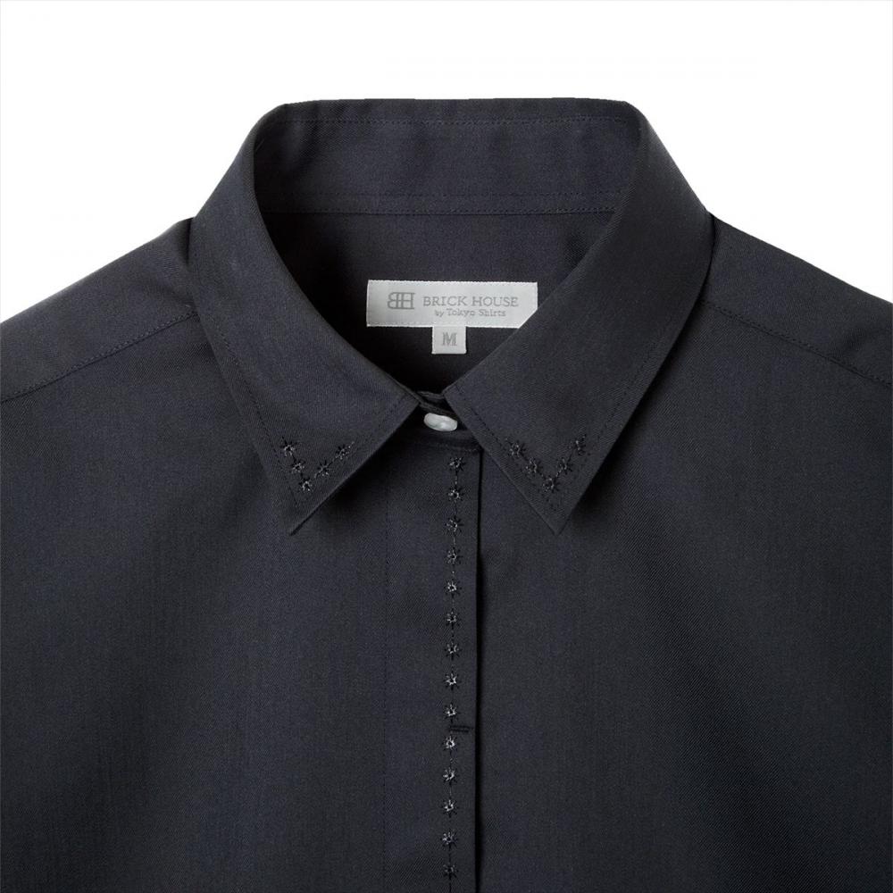 【透け防止】 衿・前立比翼刺繍 カジュアルシャツ レギュラー 長袖 レディース