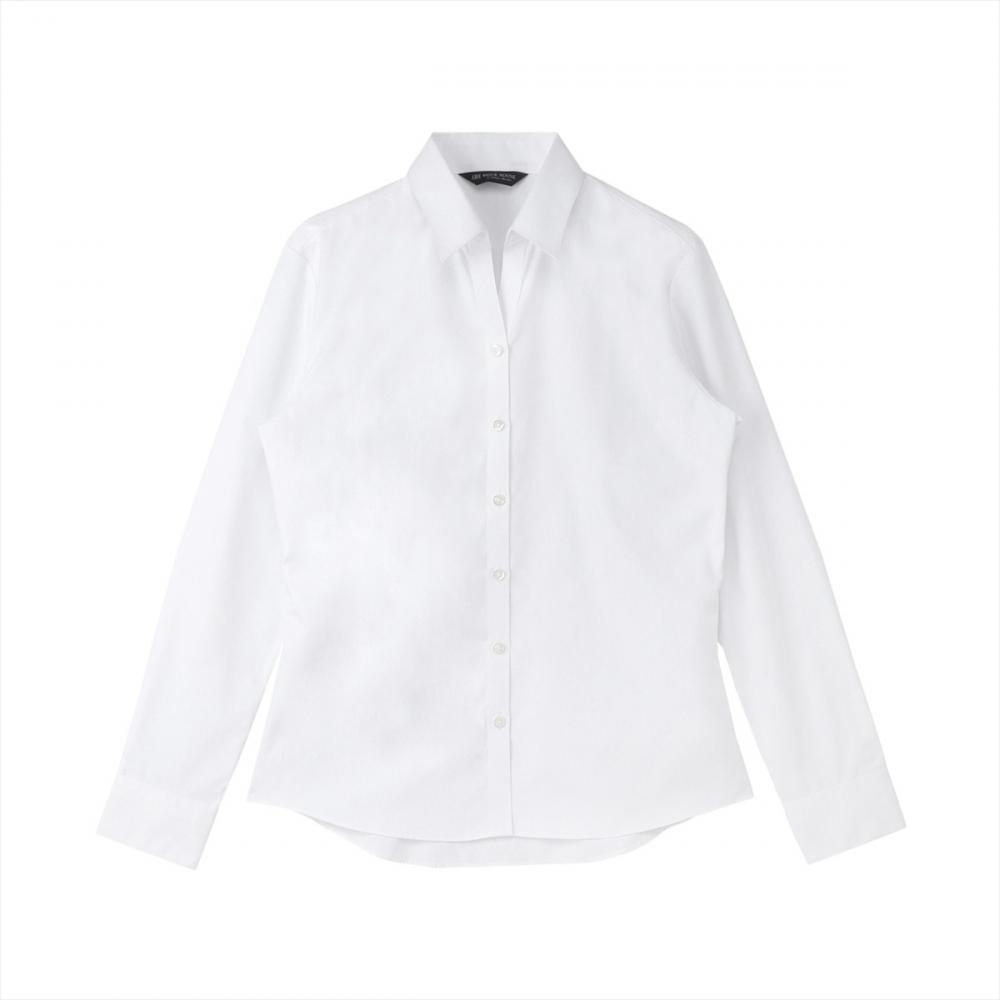 【透け防止】 スキッパー 長袖 形態安定 レディースシャツ 白無地