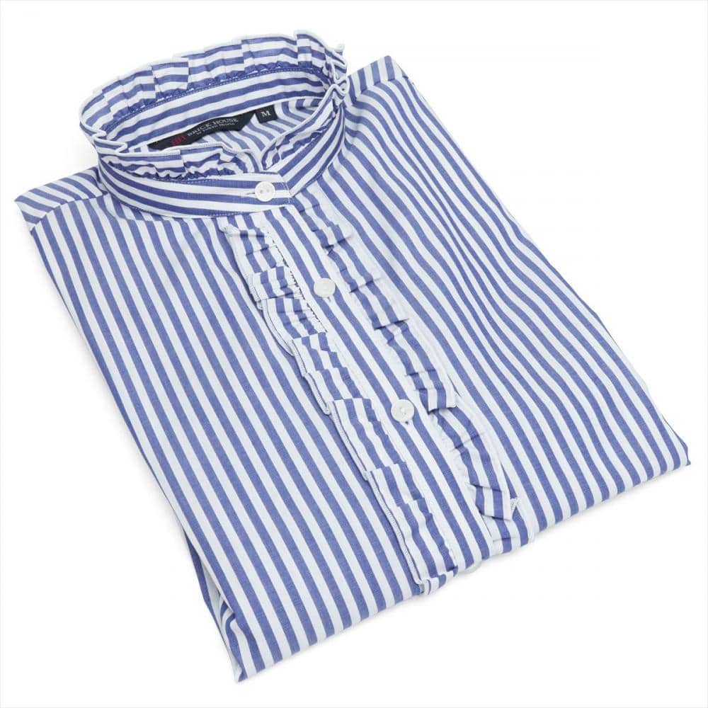 【デザイン】 スタンドミニフリル 七分袖 形態安定 レディースシャツ