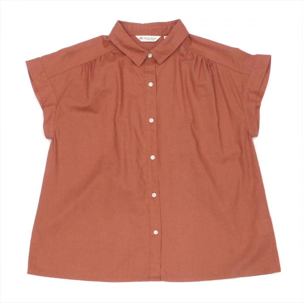 カジュアルシャツ 綿麻フレンチ袖 半袖 ダークオレンジ レディース