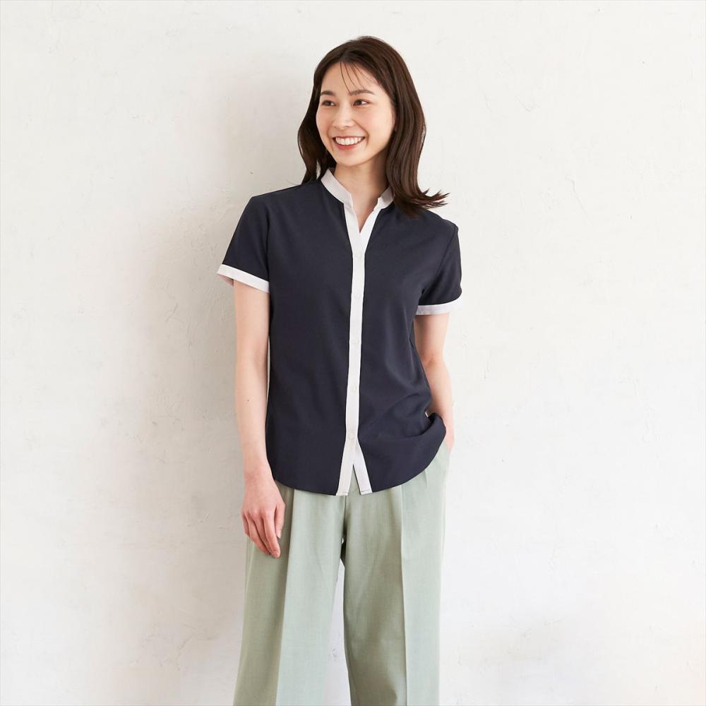 【デザイン】 COFREX 配色スキッパー衿 半袖 レディースシャツ