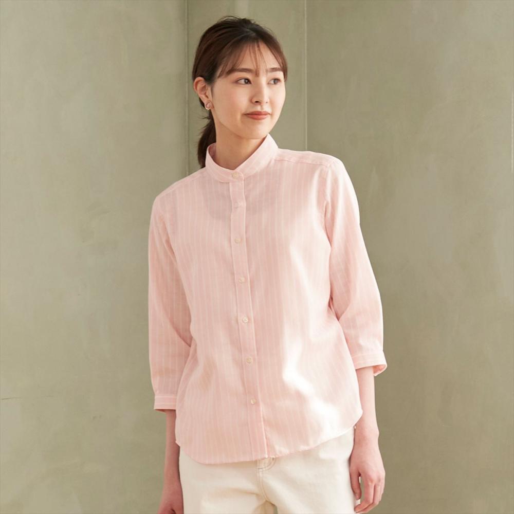 カジュアルシャツ Wガーゼ 七分袖 綿100% ピンク レディース