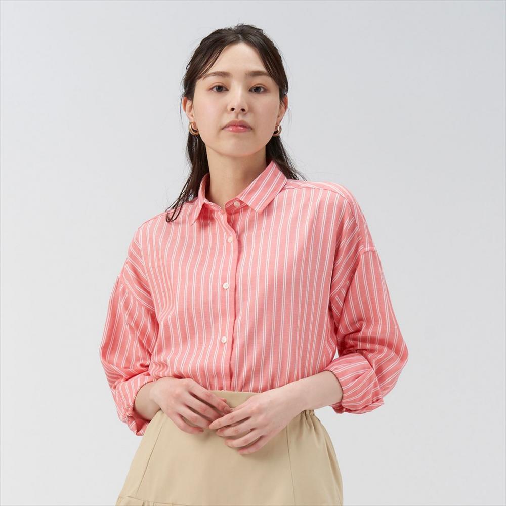 【Pitta Re:)】 カジュアルシャツ Wガーゼ BIGシルエット 長袖 ピンクレッド レディース