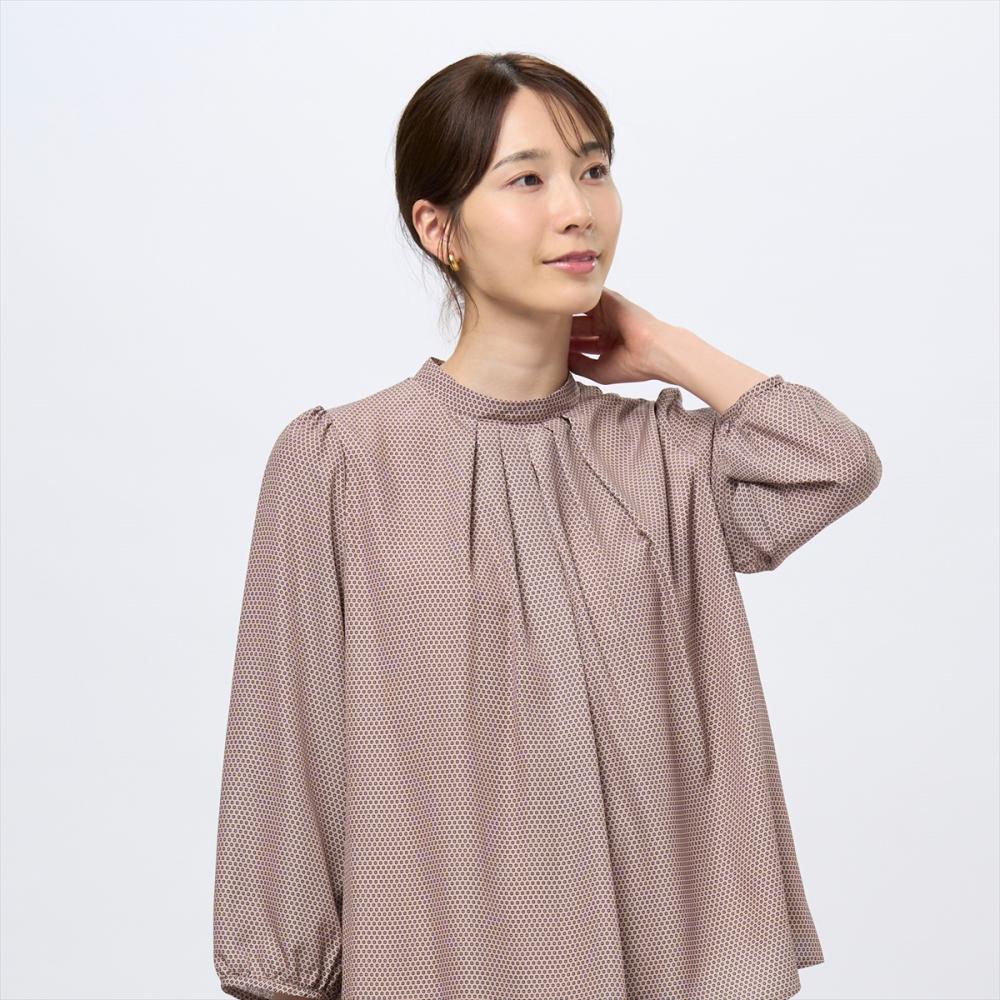 前タックプリントブラウス 長袖 レディース