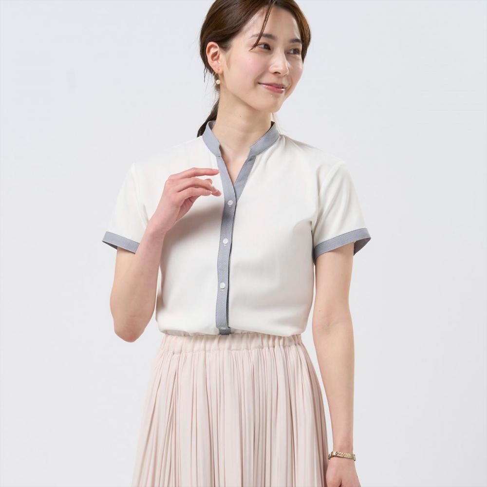 【COFREX】  配色スキッパーブラウス 半袖 レディースデザインシャツ