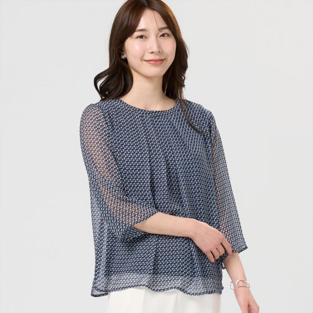 幾何学柄シフォンブラウス 七分袖 レディース