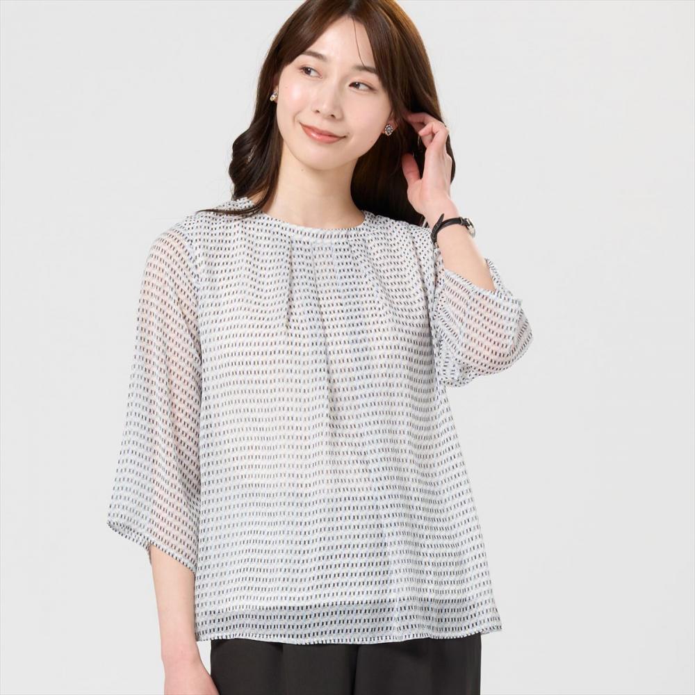 幾何学柄シフォンブラウス 七分袖 レディース