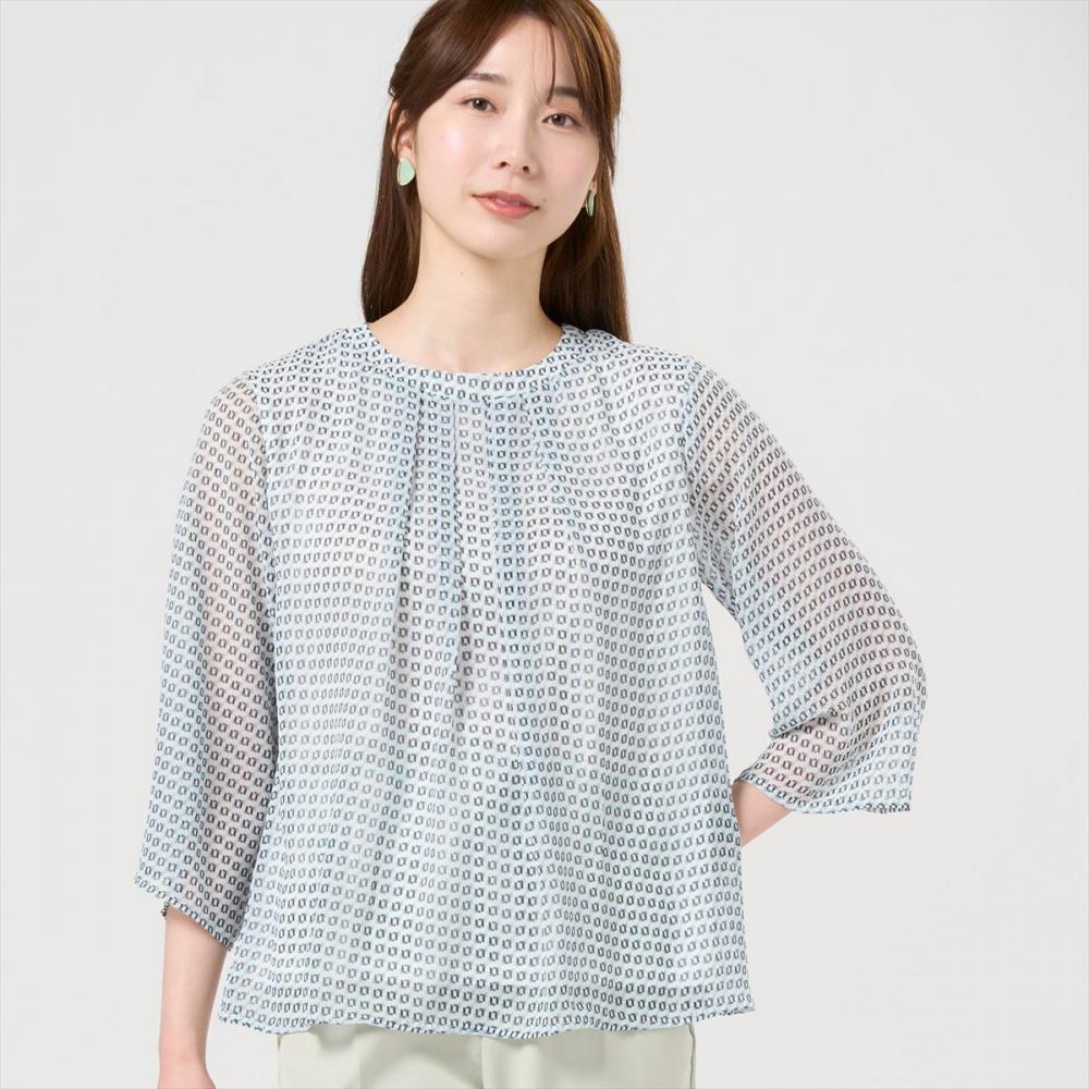幾何学柄シフォンブラウス 七分袖 レディース
