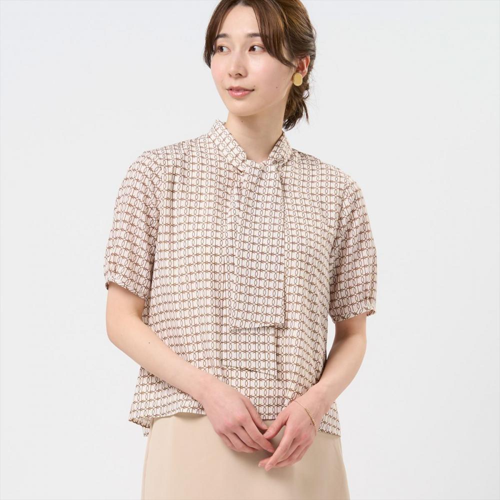ボウタイ プリント ブラウス 五分袖 レディース