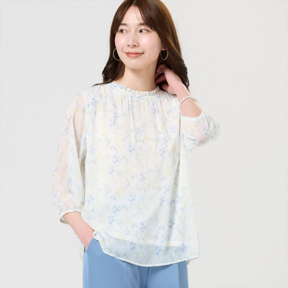 ボタニカル柄シフォンブラウス 七分袖 レディース