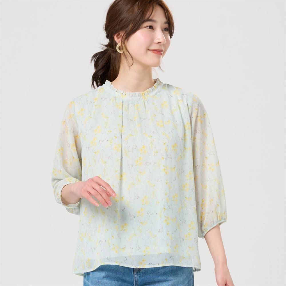 ボタニカル柄シフォンブラウス 七分袖 レディース
