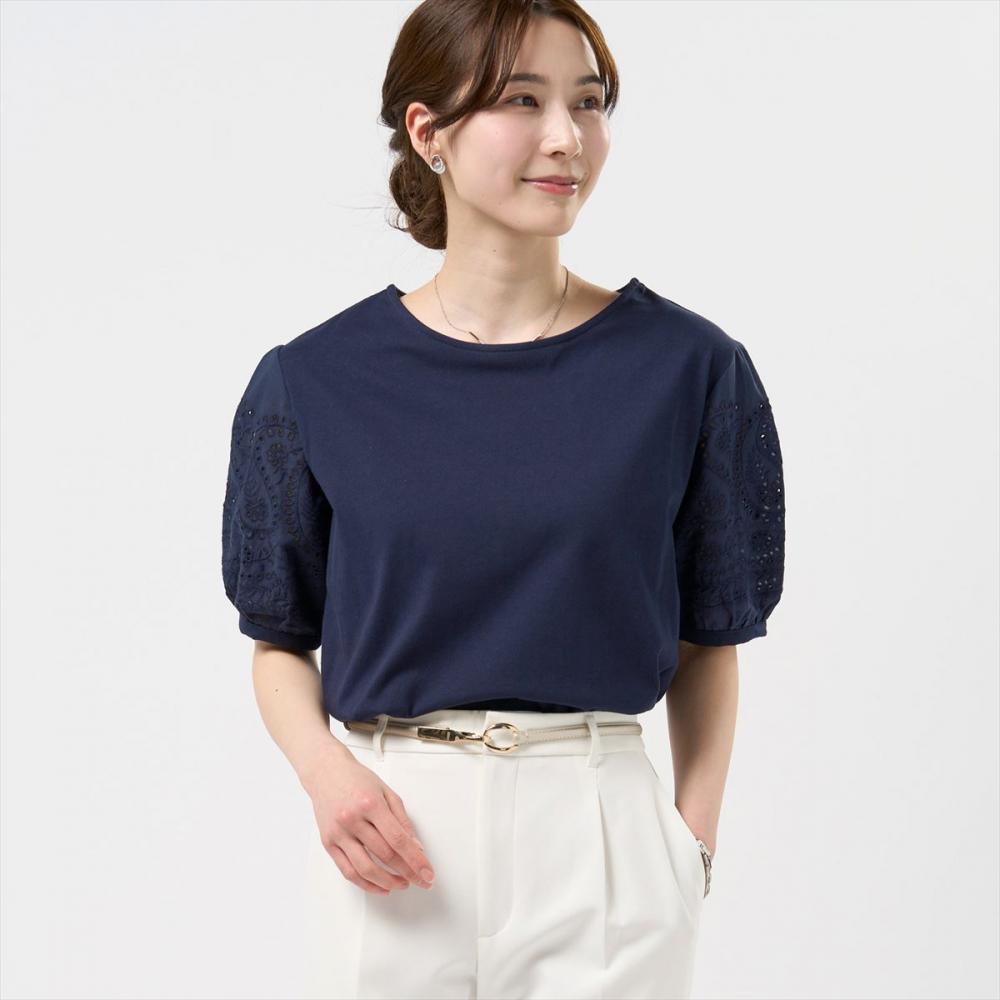 袖刺繍ブラウス 半袖 レディース