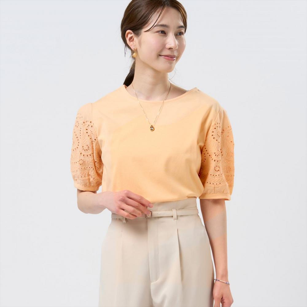 袖刺繍ブラウス 半袖 レディース