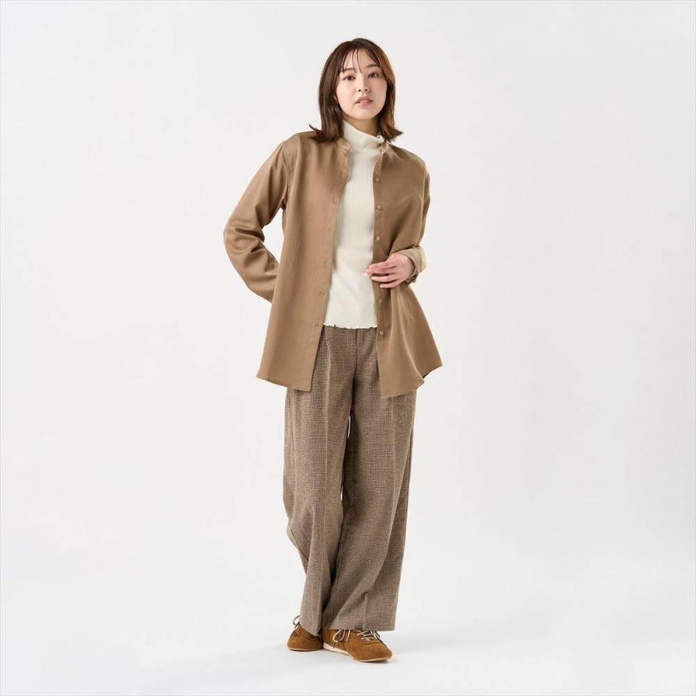 サテン ワイドシルエット スタンド衿 シャツ 長袖 レディース
