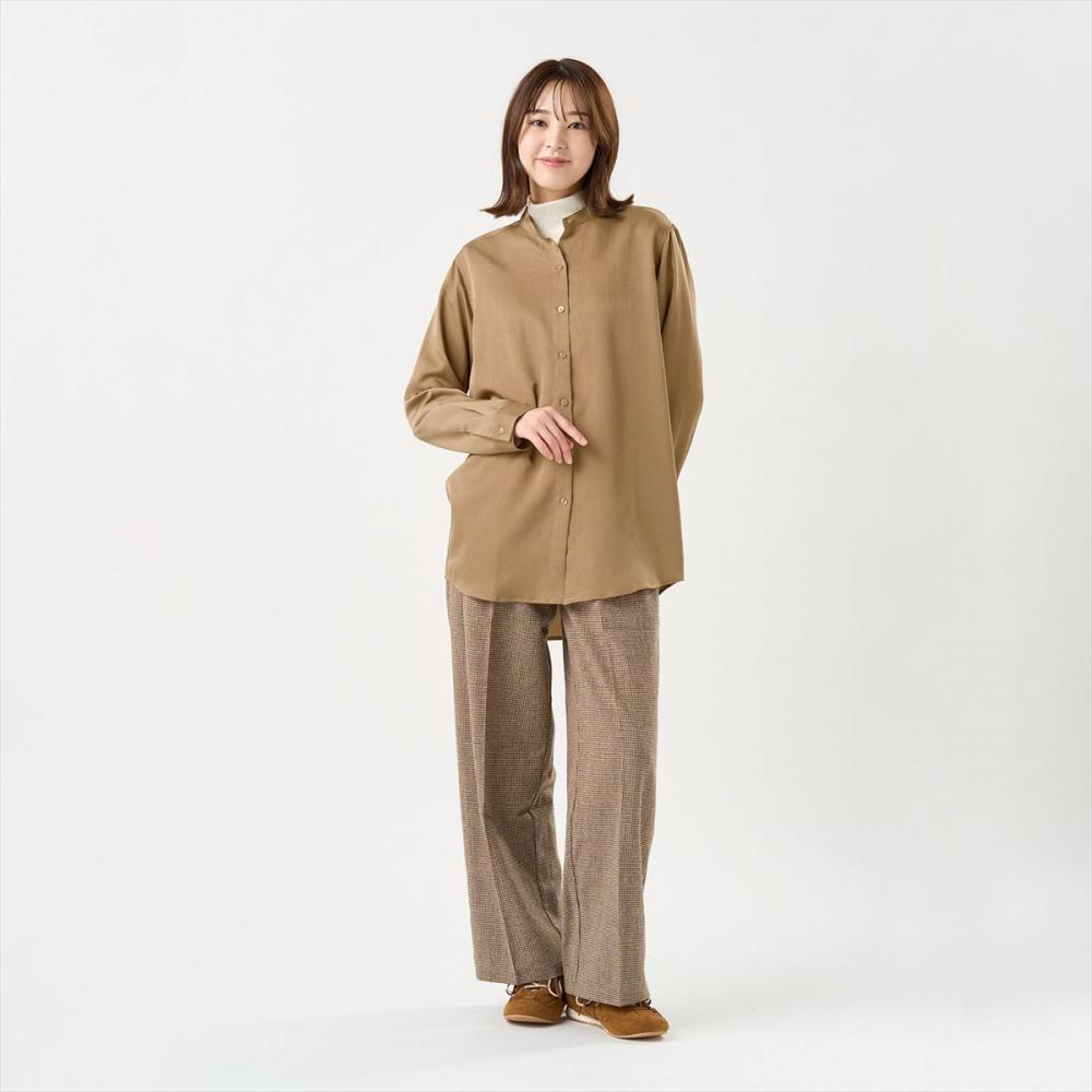 サテン ワイドシルエット スタンド衿 シャツ 長袖 レディース