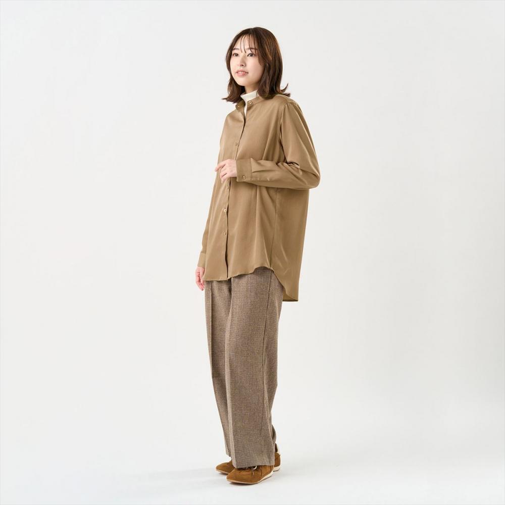 サテン ワイドシルエット スタンド衿 シャツ 長袖 レディース