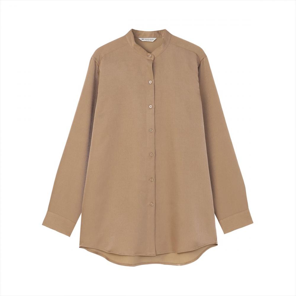 サテン ワイドシルエット スタンド衿 シャツ 長袖 レディース