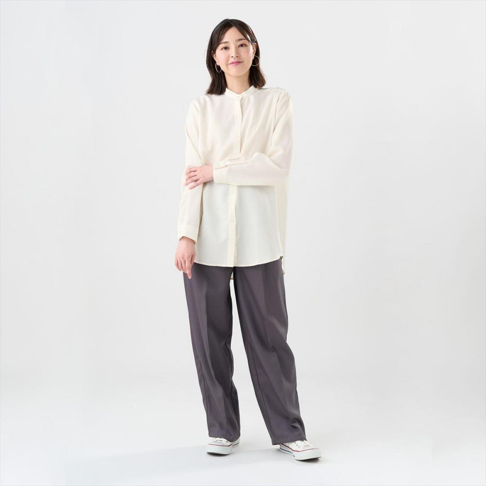 サテン ワイドシルエット スタンド衿 シャツ 長袖 レディース