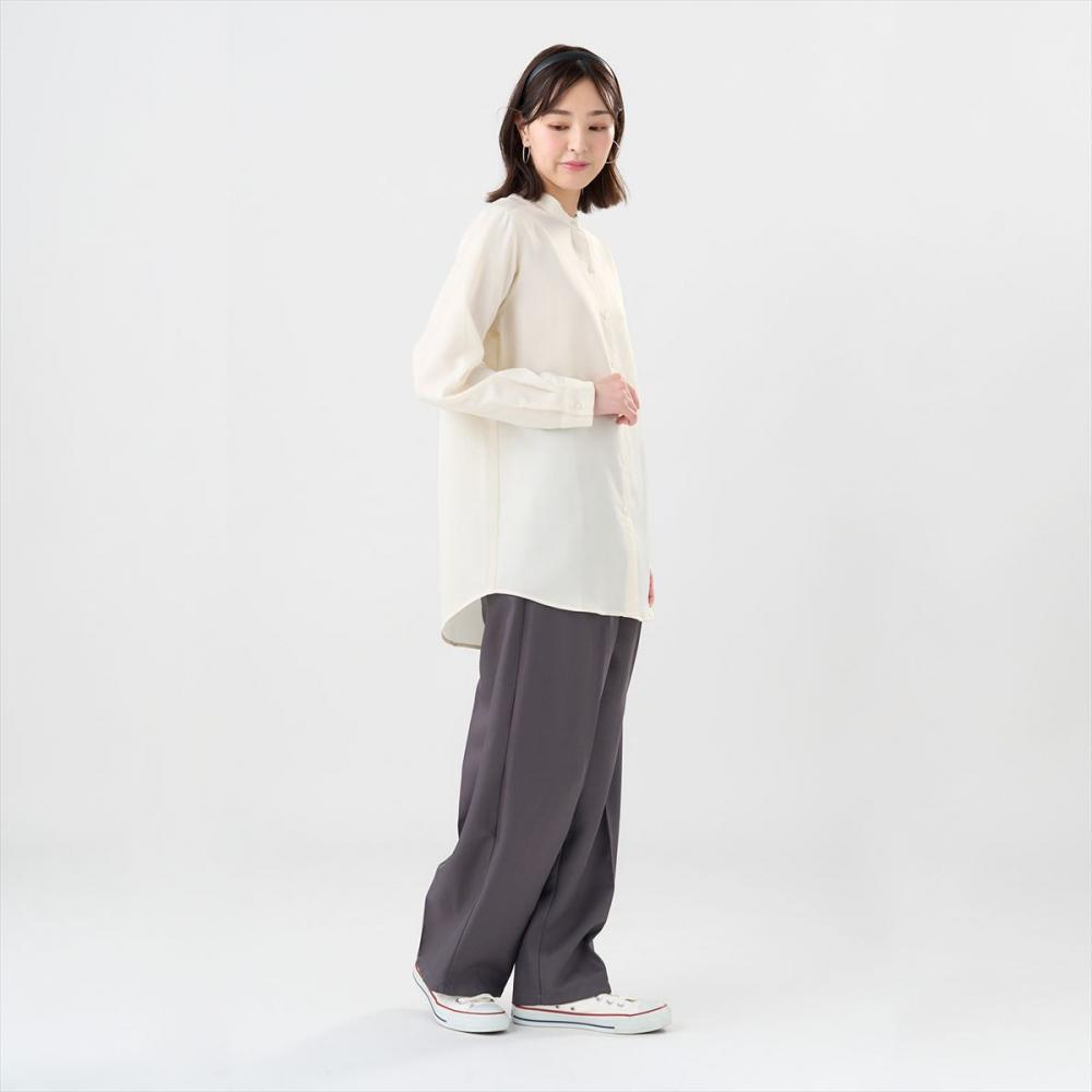 サテン ワイドシルエット スタンド衿 シャツ 長袖 レディース