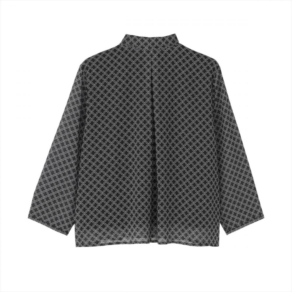 胸、両腕、背中の4面プリント　セール品対象商品 プリント ボウタイブラウス 七分袖 レディース(M ブラック