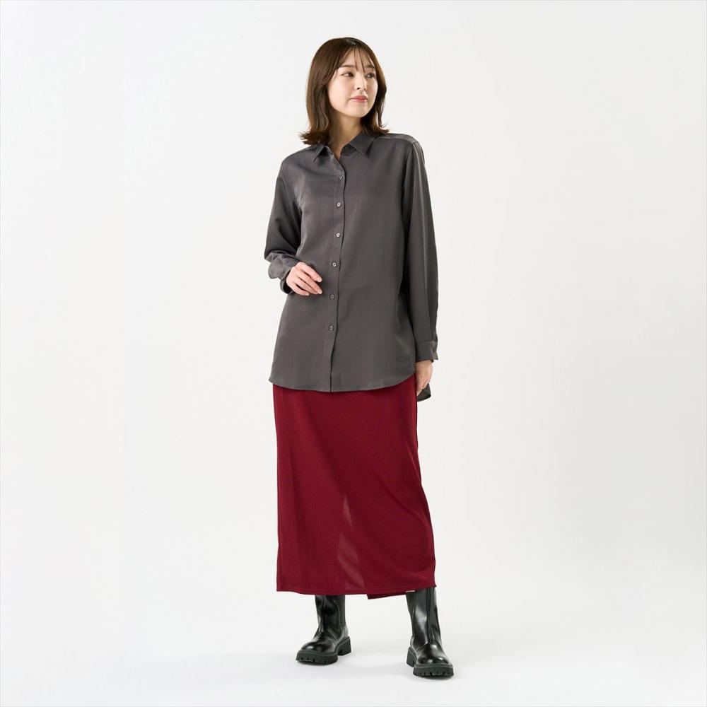 サテン ワイドシルエット レギュラー衿 シャツ 長袖 レディース