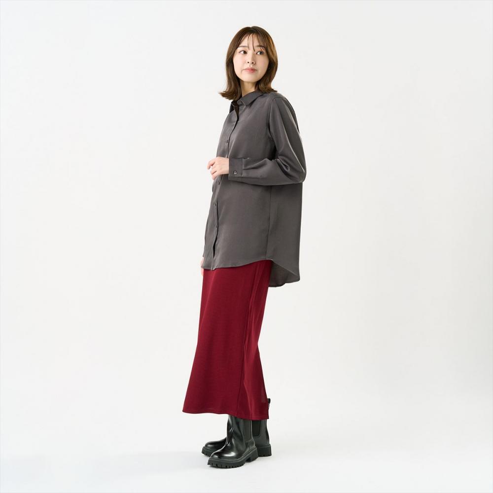 サテン ワイドシルエット レギュラー衿 シャツ 長袖 レディース