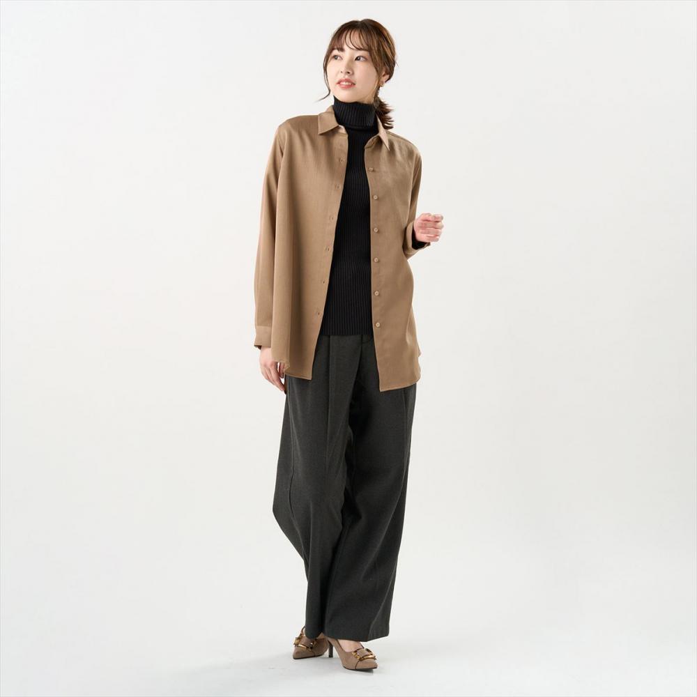 サテン ワイドシルエット レギュラー衿 シャツ 長袖 レディース