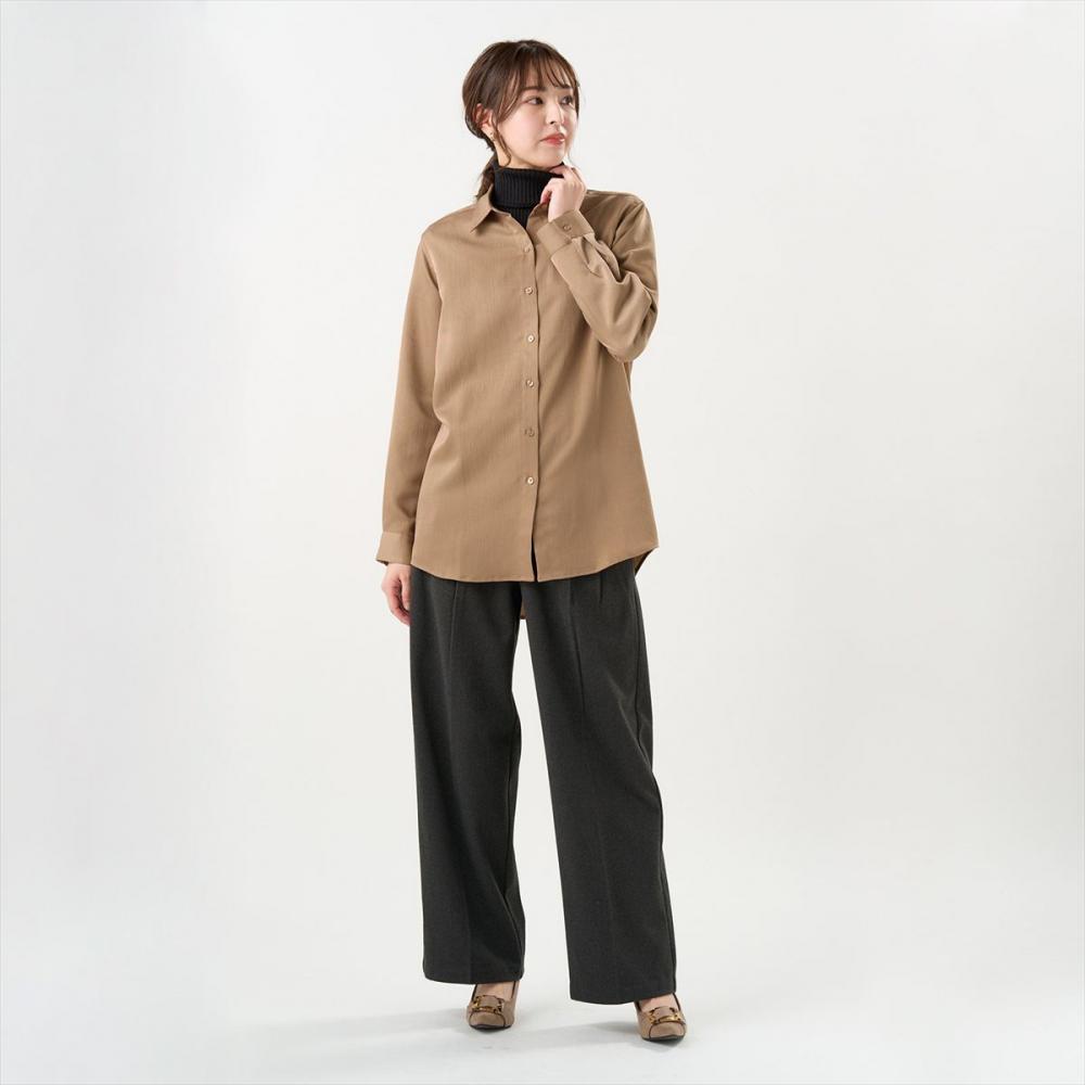 サテン ワイドシルエット レギュラー衿 シャツ 長袖 レディース