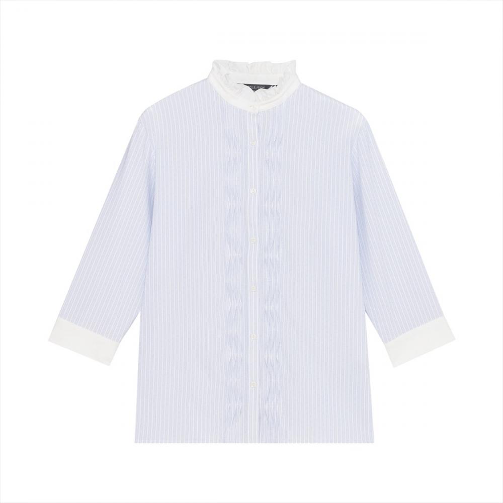 【COFREX】 スタンドフリル クレリック ひねりピンタック ブラウス 七分袖 レディースデザインシャツ