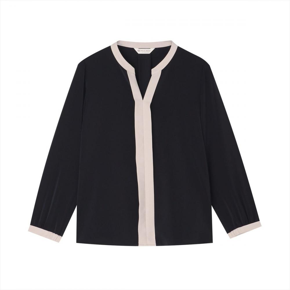 シルキーサテン 配色スキッパー ブラウス 長袖 レディース