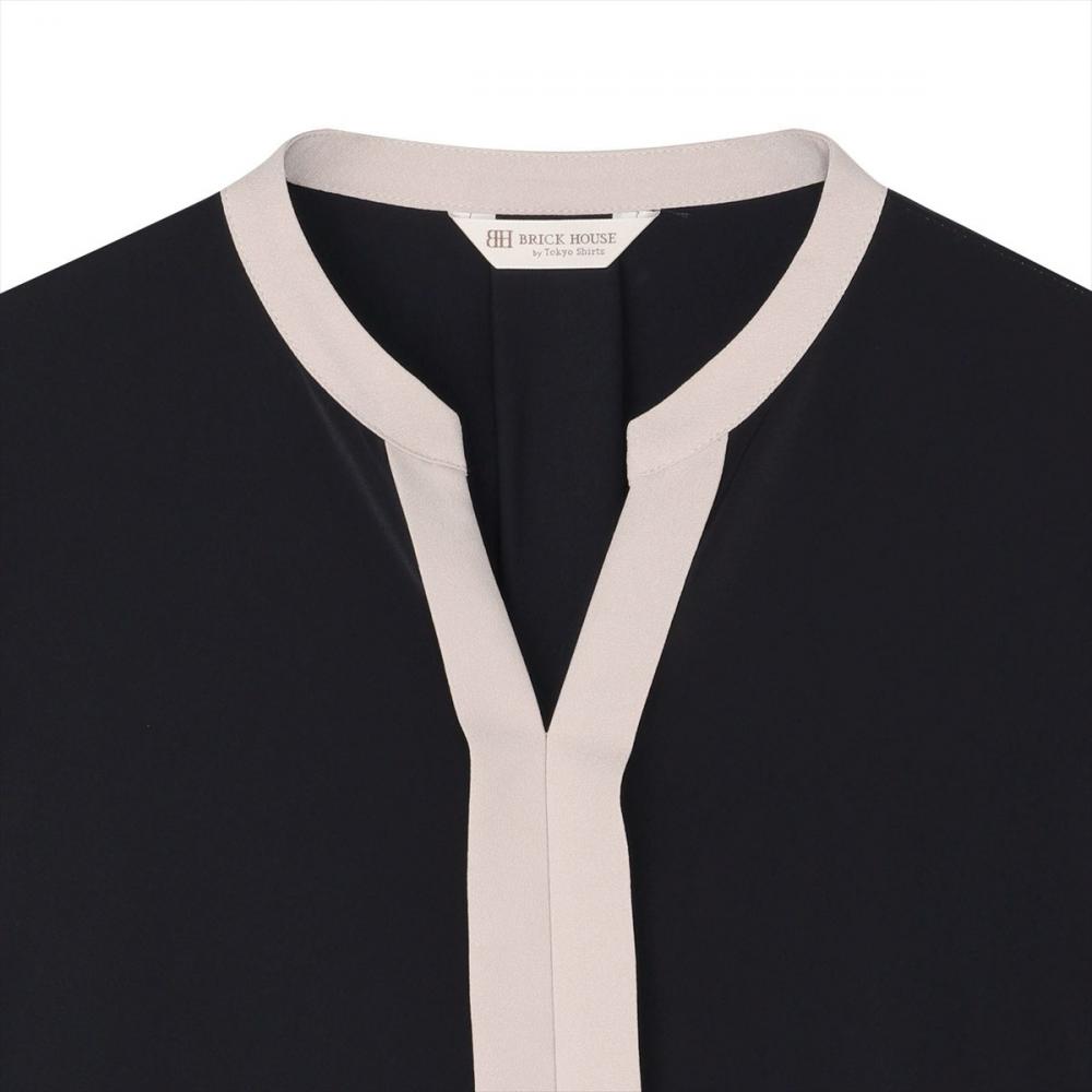 シルキーサテン 配色スキッパー ブラウス 長袖 レディース