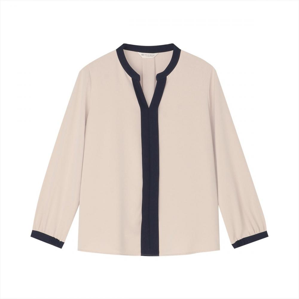 シルキーサテン 配色スキッパー ブラウス 長袖 レディース