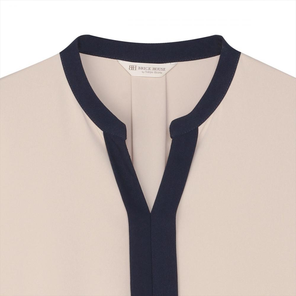 シルキーサテン 配色スキッパー ブラウス 長袖 レディース