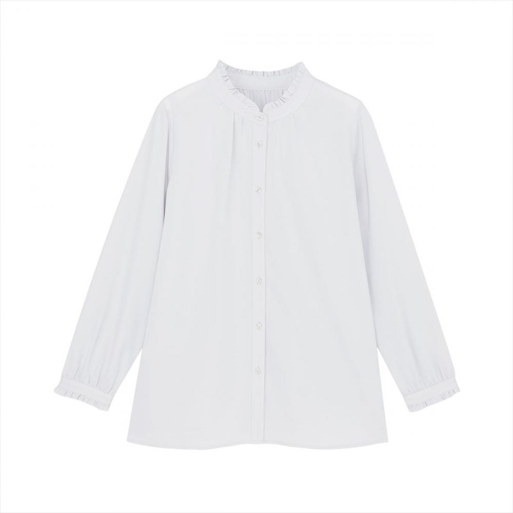 シルキーサテン バンドカラーフリル ブラウス 長袖 レディース