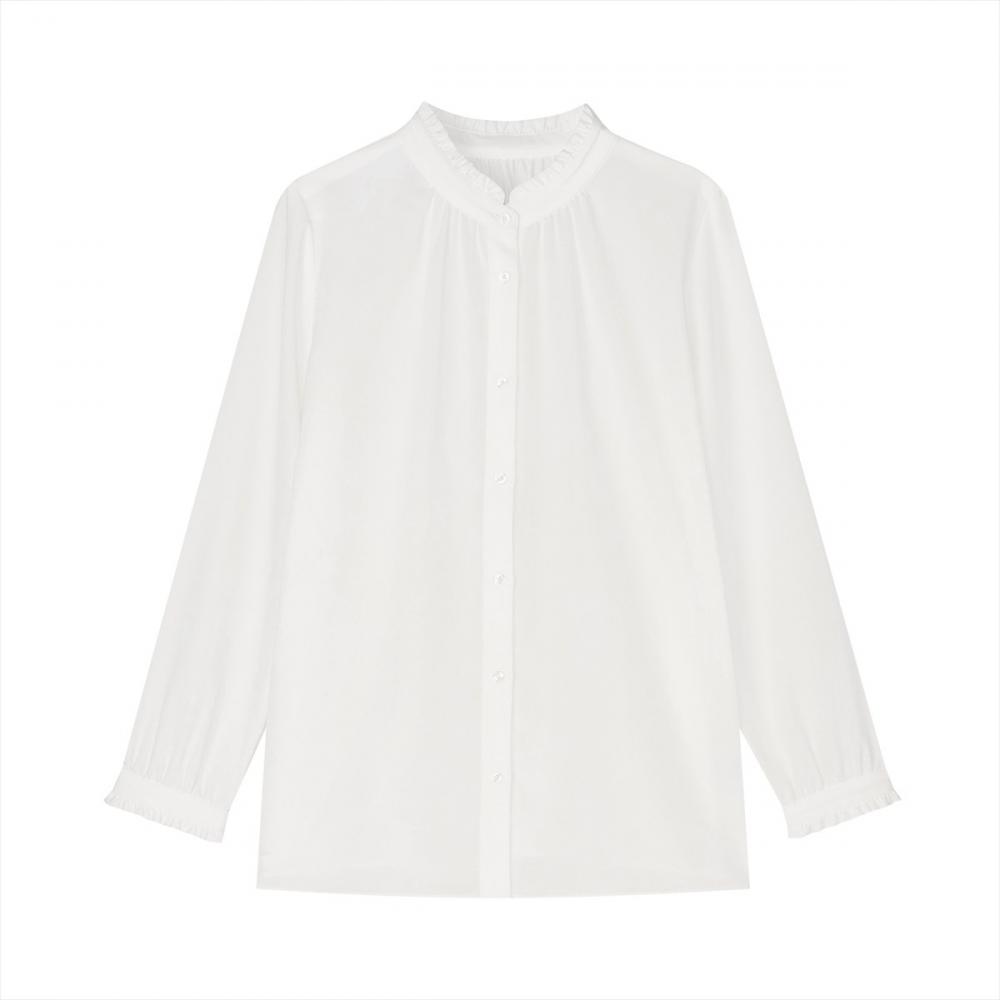 シルキーサテン バンドカラーフリル ブラウス 長袖 レディース