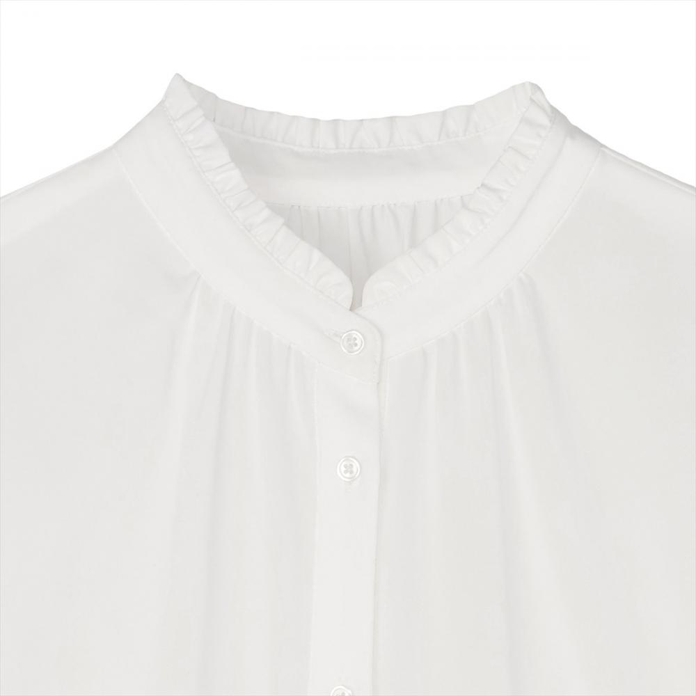 シルキーサテン バンドカラーフリル ブラウス 長袖 レディース