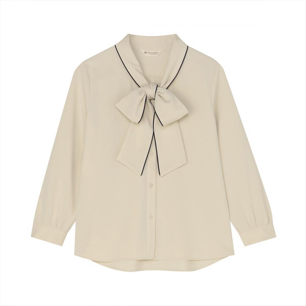 シルキーサテン 配色リボンタイ ブラウス 長袖 レディース