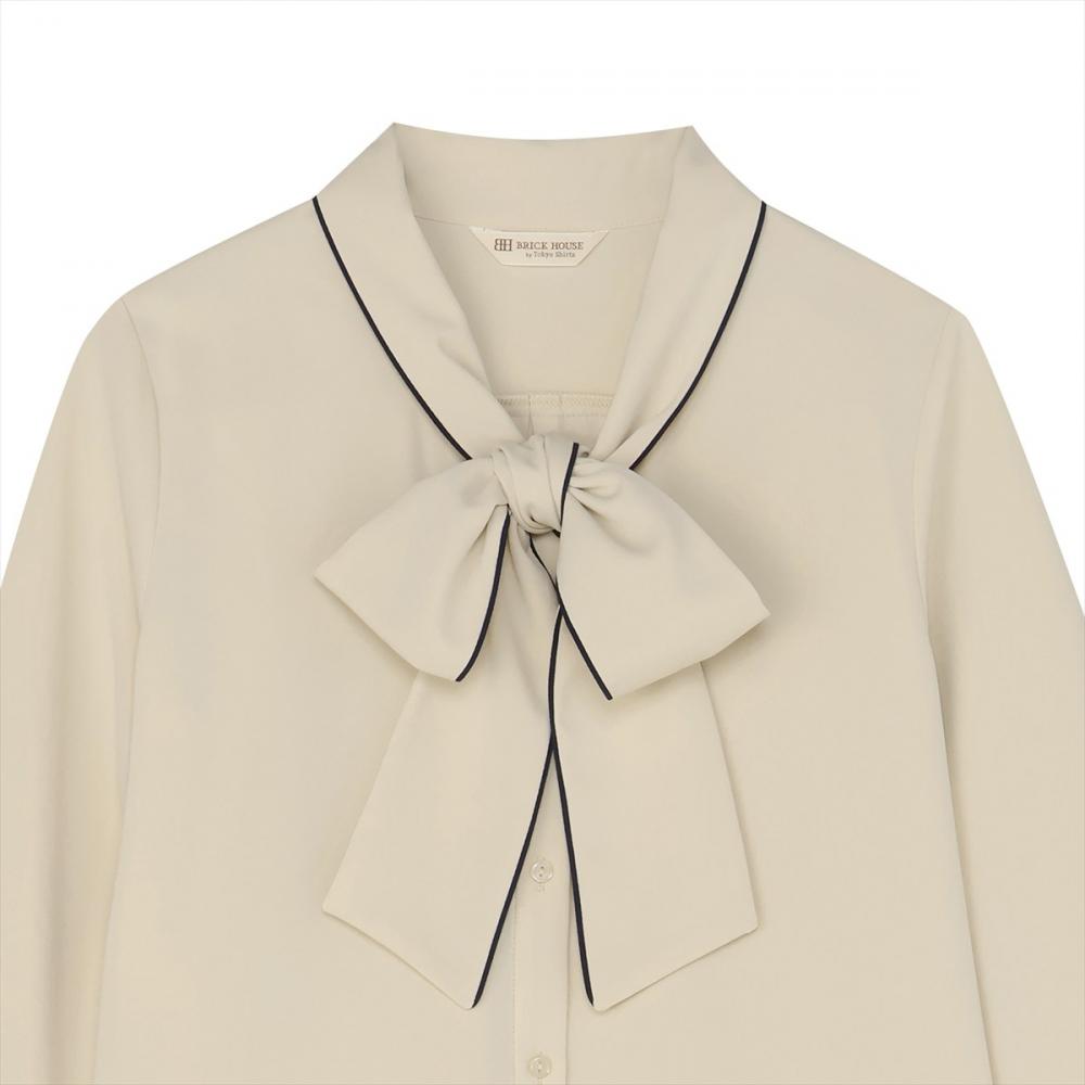 シルキーサテン 配色リボンタイ ブラウス 長袖 レディース
