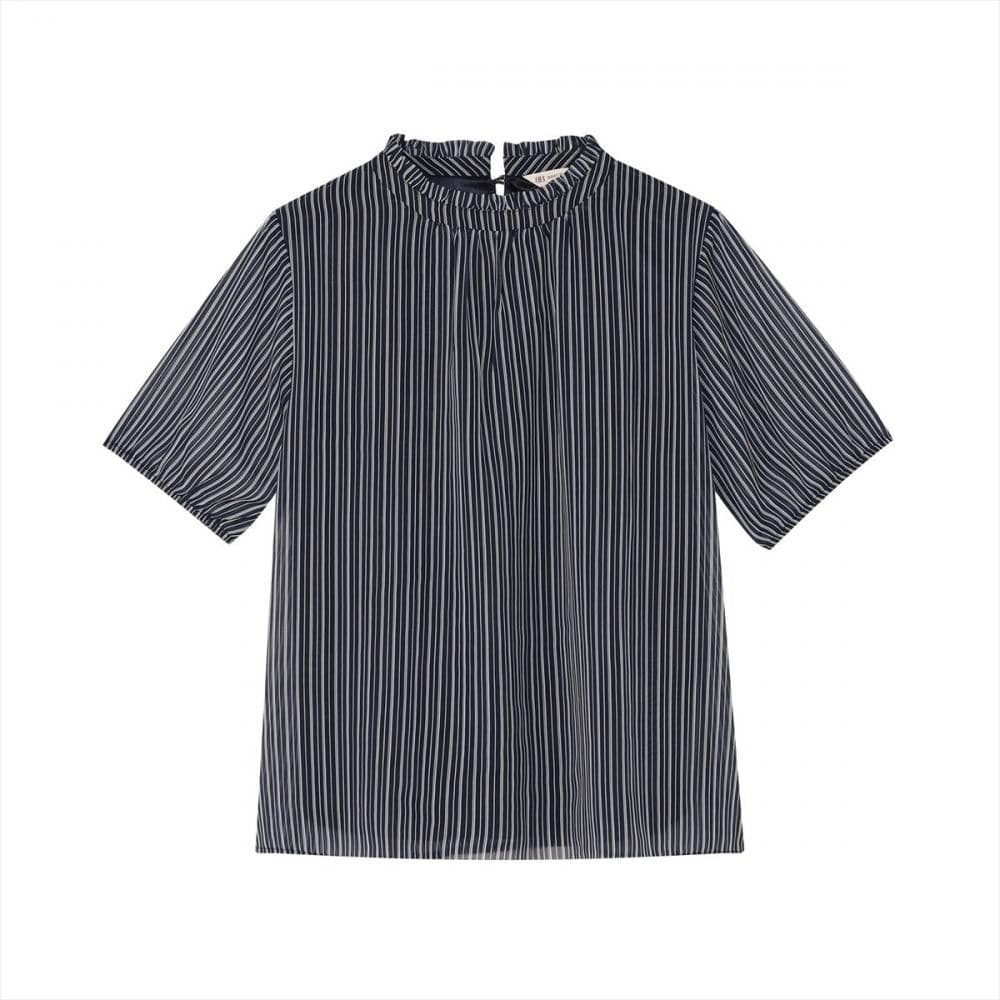 ストライプ シフォンブラウス 五分袖 レディース