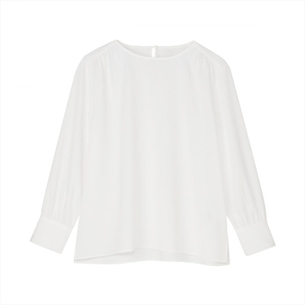 シルキーサテン クルーネック ブラウス 長袖 レディース