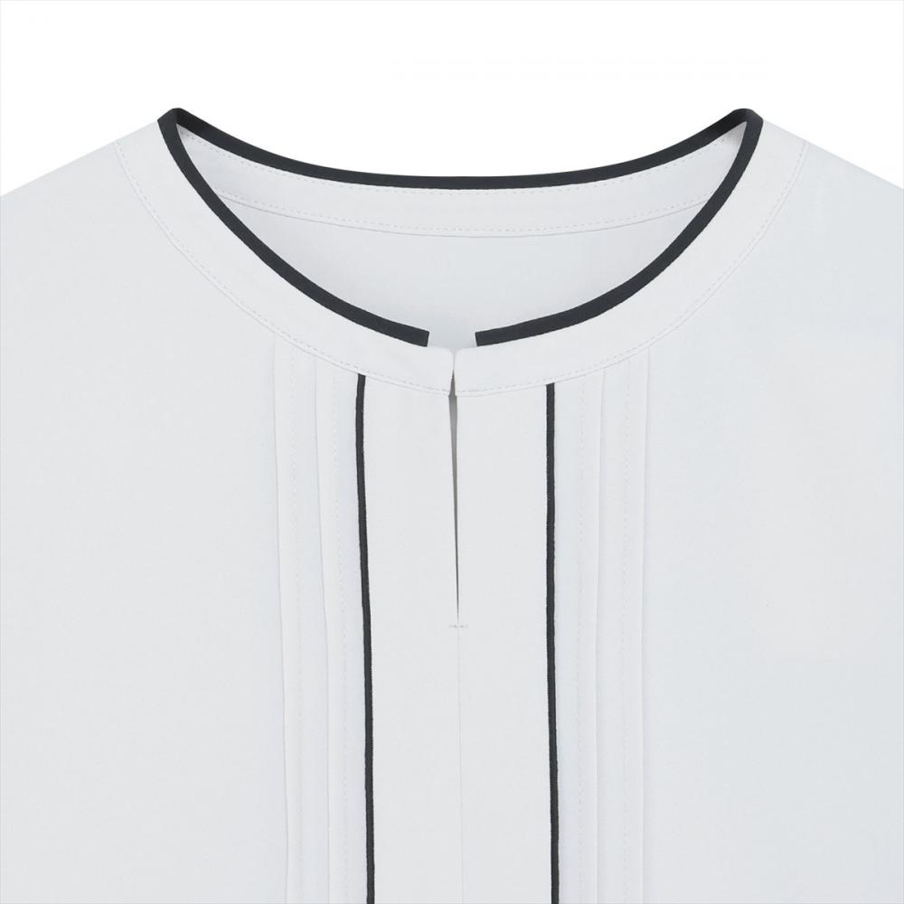 ストレッチジョーゼット 配色クルーネック タックブラウス 七分袖 レディース