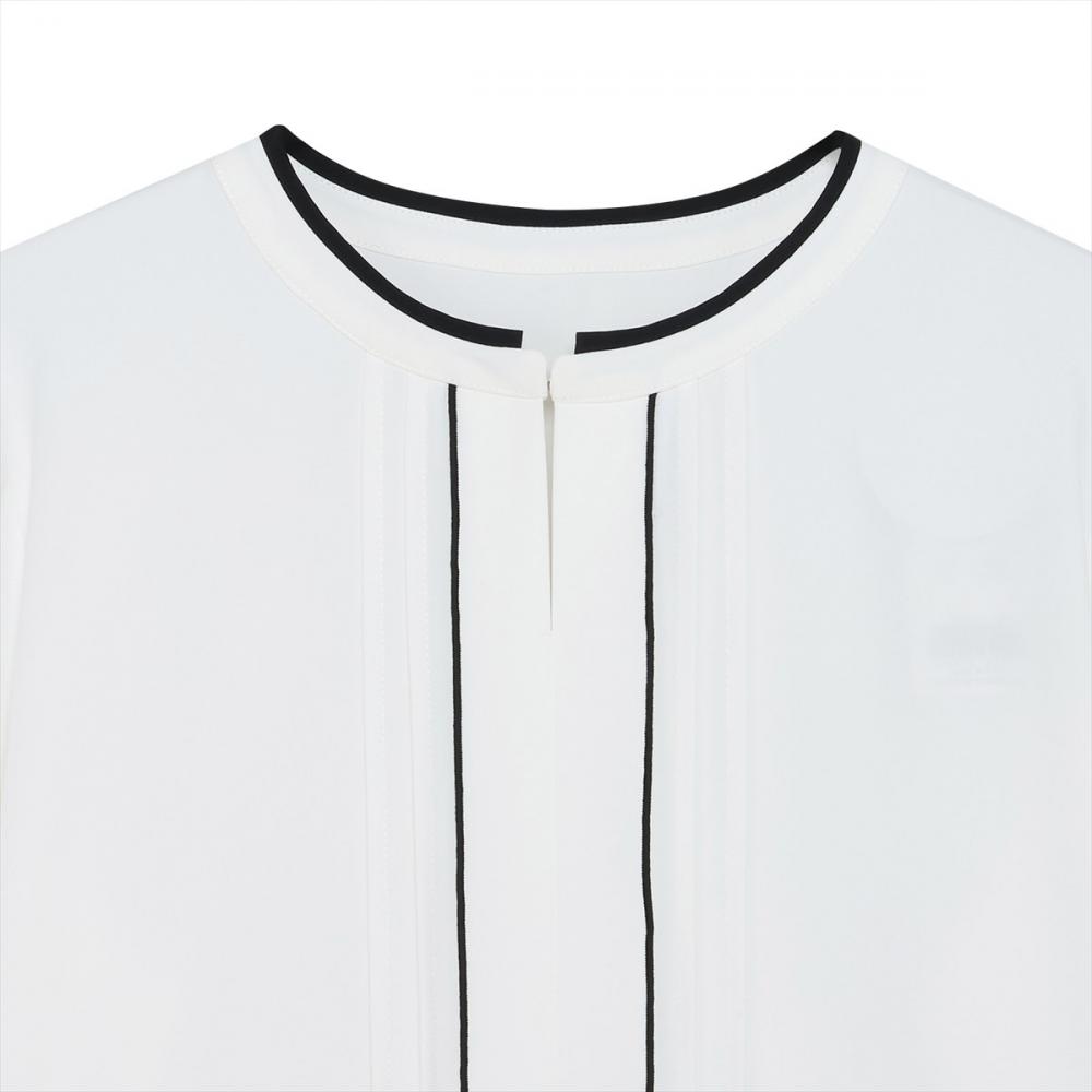 ストレッチジョーゼット 配色クルーネック タックブラウス 七分袖 レディース