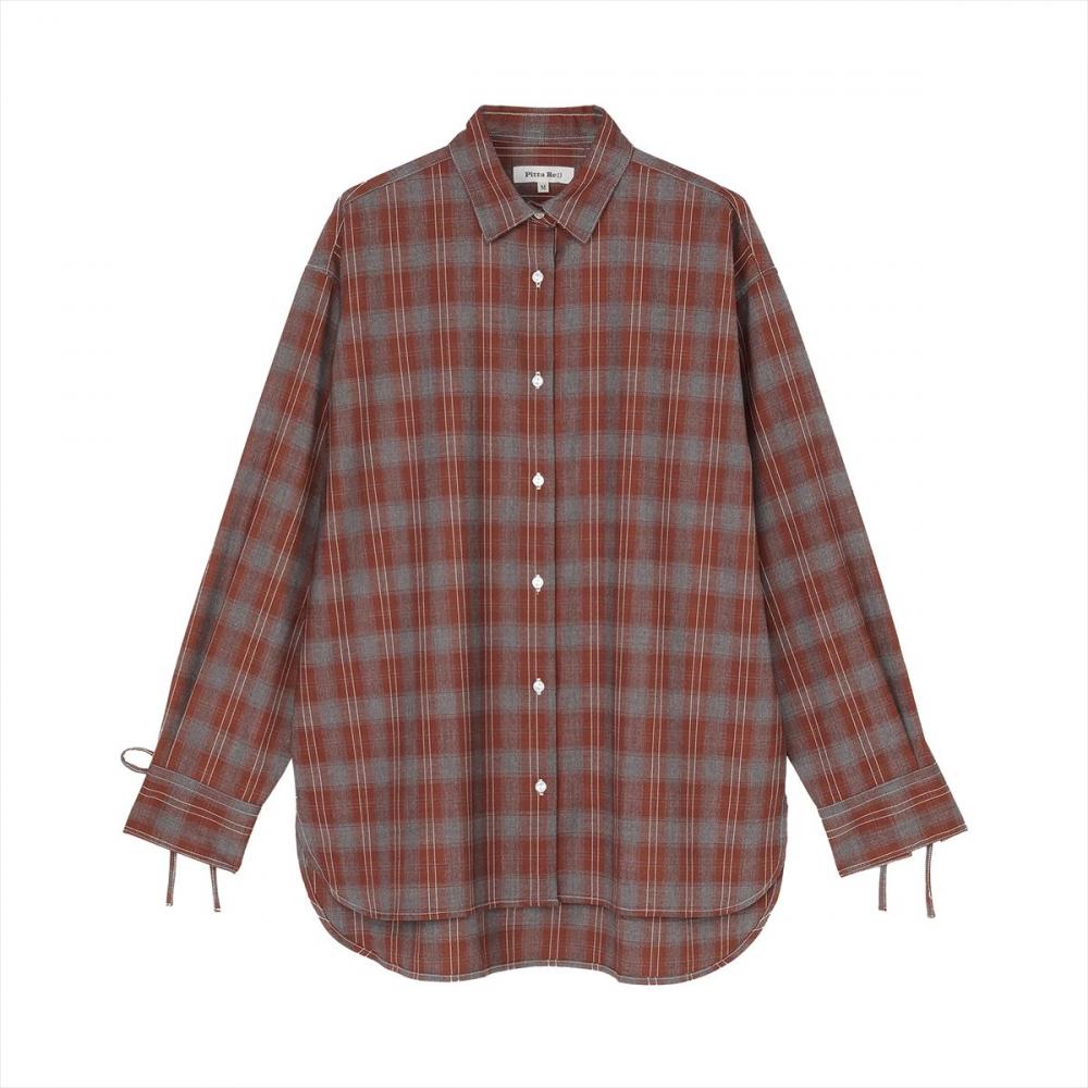 【Pitta Re:)】カジュアルシャツ リボンカフス チェック シャツ 長袖 レディースデザインシャツ