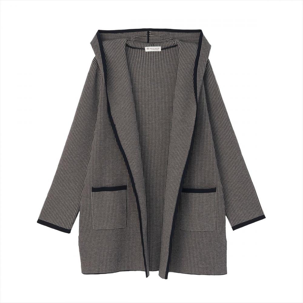 アウター 千鳥格子柄ジャカード フード付き コーディガン