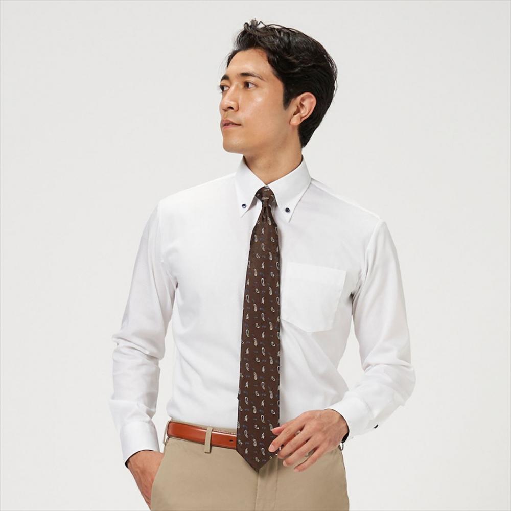 (M) ワイドカラー 長袖 形態安定 ワイシャツ 綿100%