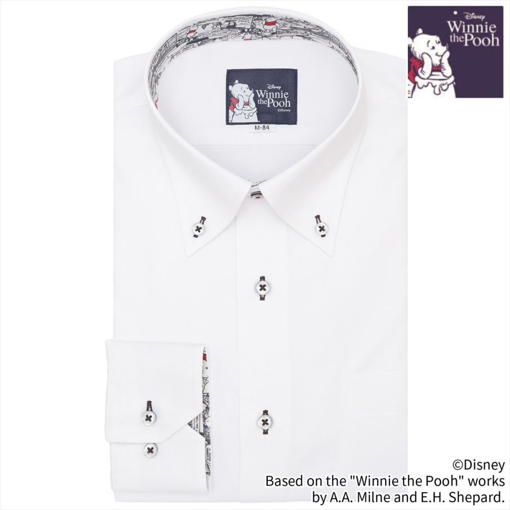 【くまのプーさん】ボタンダウン 長袖 形態安定 ワイシャツ 【透け防止】