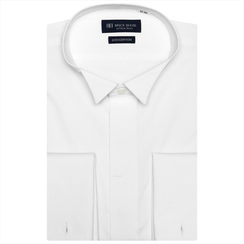 【透け防止】 ウイングカラー 長袖 形態安定 綿100% ワイシャツ 白無地
